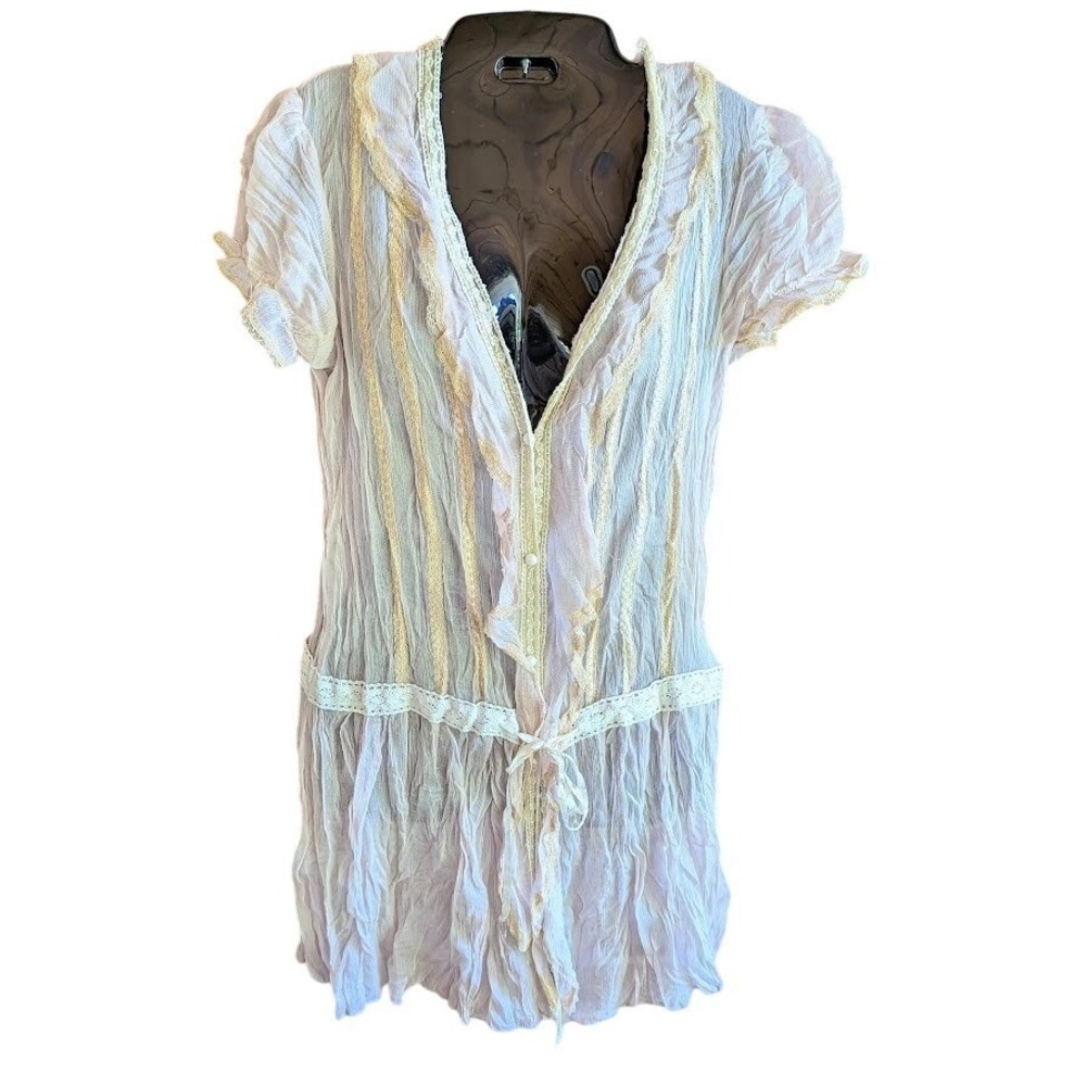 Venus Blush Pink Sheer Dress S Crinkle Fabric Lace Trim Fairy Whimsy Dainty Cute